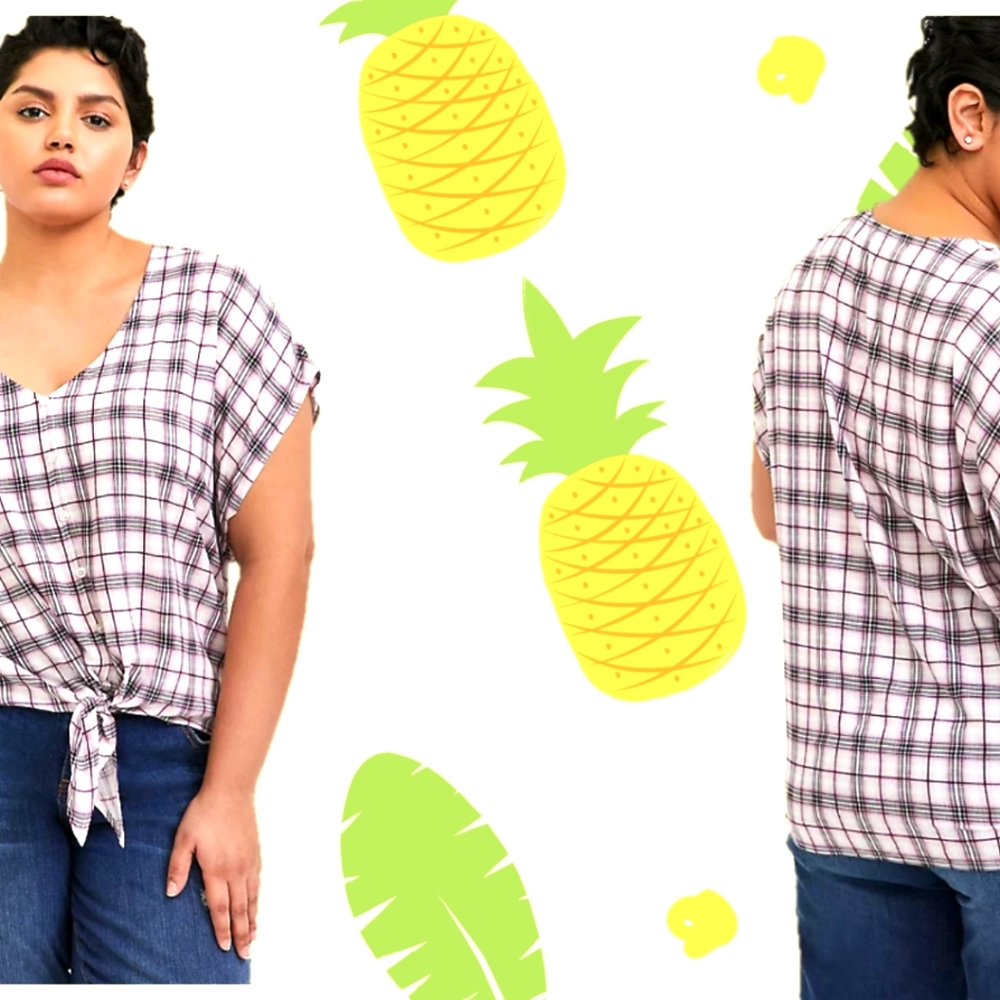 BERRY PURPLE & IVORY PLAID CHALLIS TIE FRONT MIDI DOLMAN BLOUSE